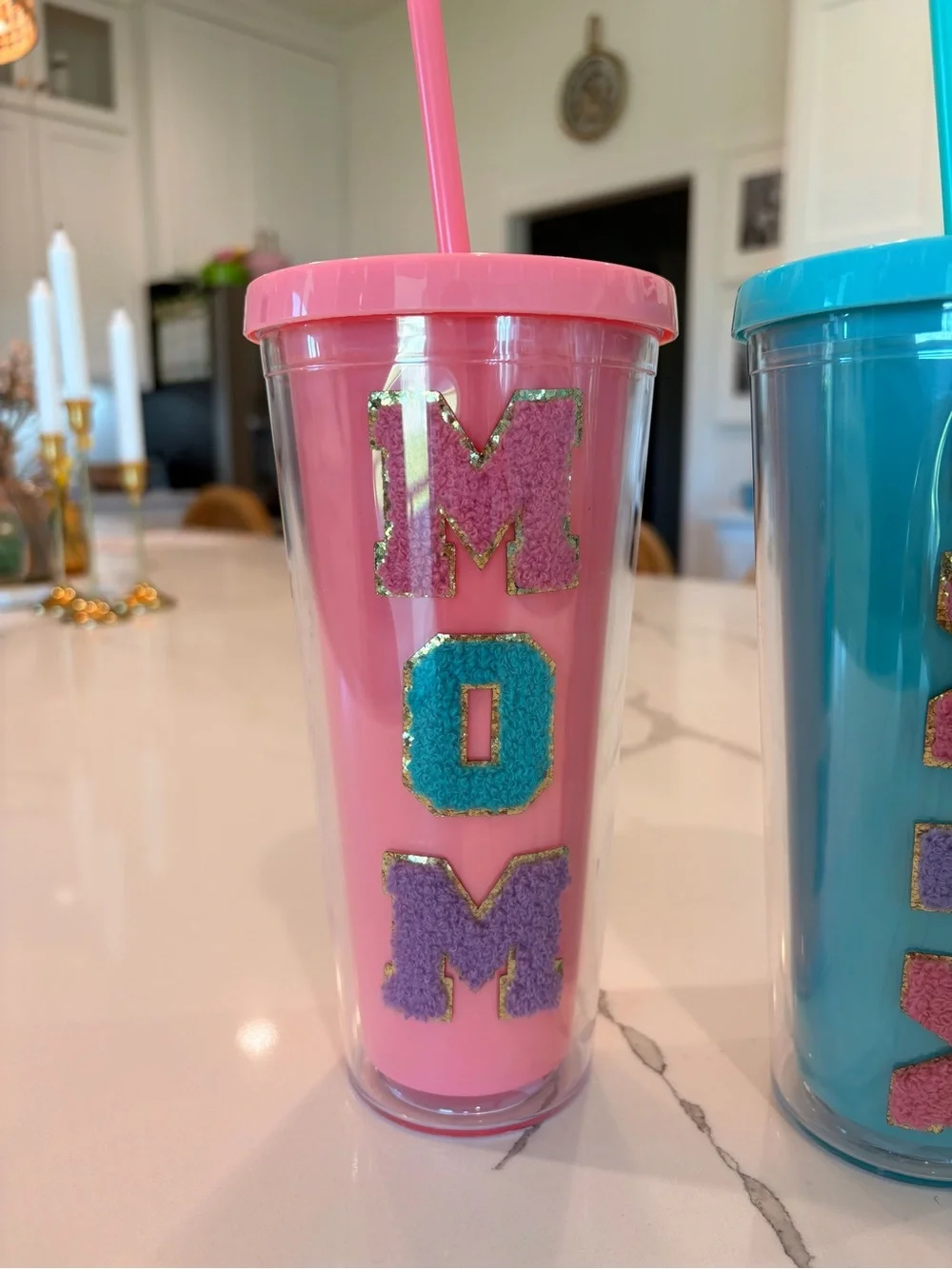 Personalized MAMA or MOM Double-Wall Tumbler with Straw - Blue and Pink